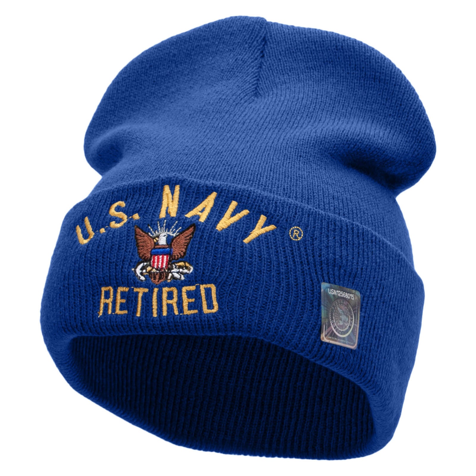 Licensed US Navy Retired Military Embroidered Long Beanie Made in USA - Royal OSFM