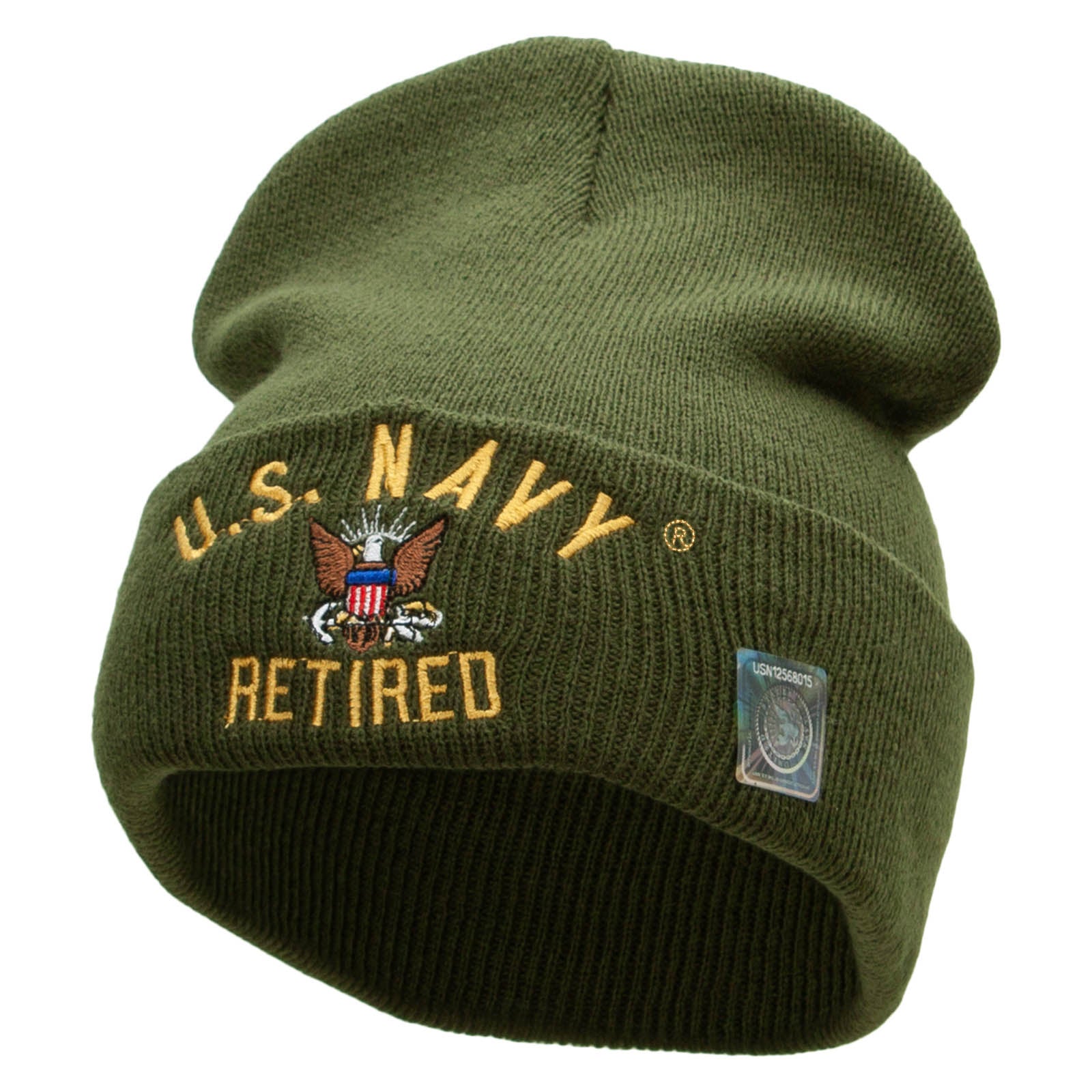 Licensed US Navy Retired Military Embroidered Long Beanie Made in USA - Olive OSFM