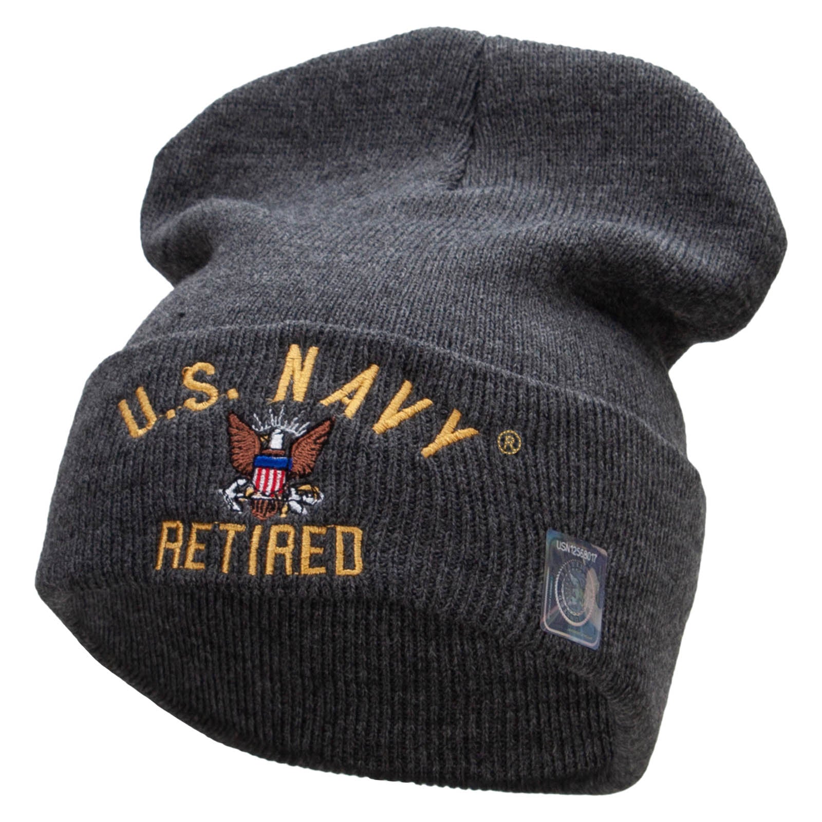 Licensed US Navy Retired Military Embroidered Long Beanie Made in USA - Dk Grey OSFM