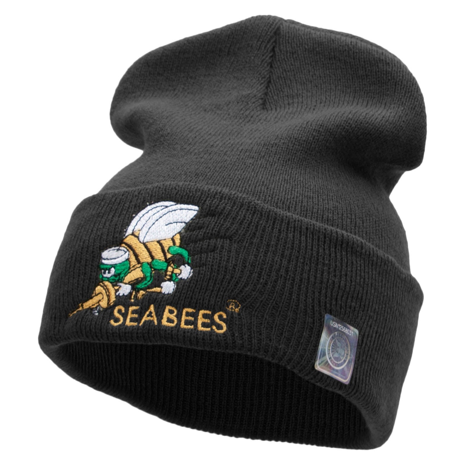 Licensed Navy Seabees Symbol Embroidered Cuff Long Beanie Made in USA - Black OSFM