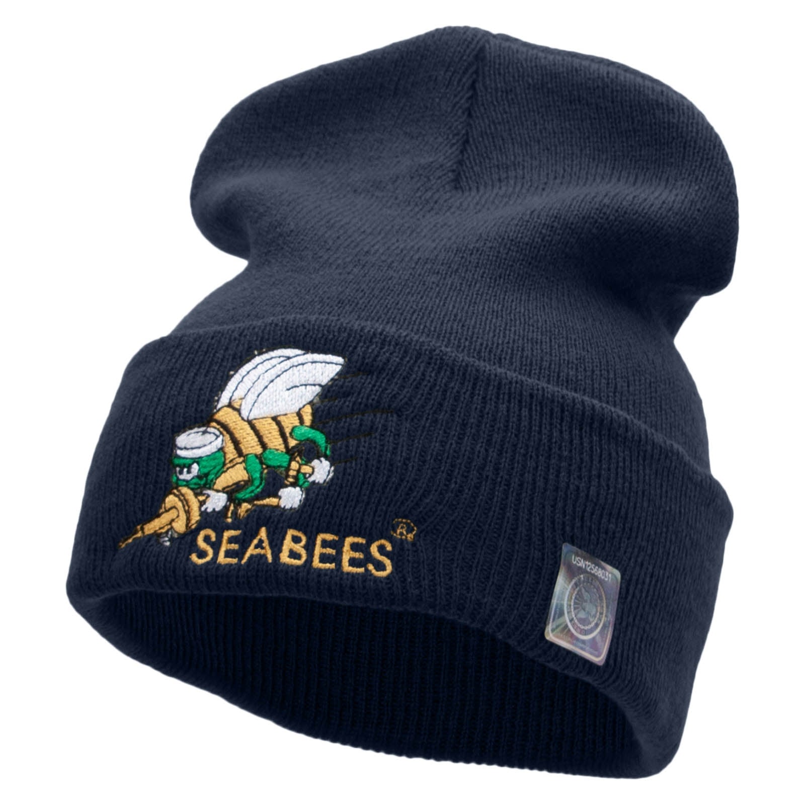 Licensed Navy Seabees Symbol Embroidered Cuff Long Beanie Made in USA - Navy OSFM