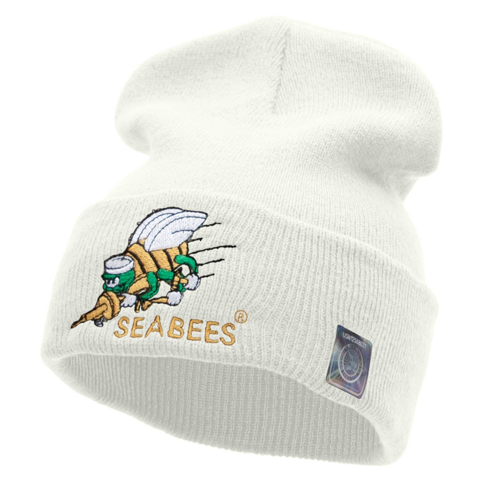 Licensed Navy Seabees Symbol Embroidered Cuff Long Beanie Made in USA - White OSFM