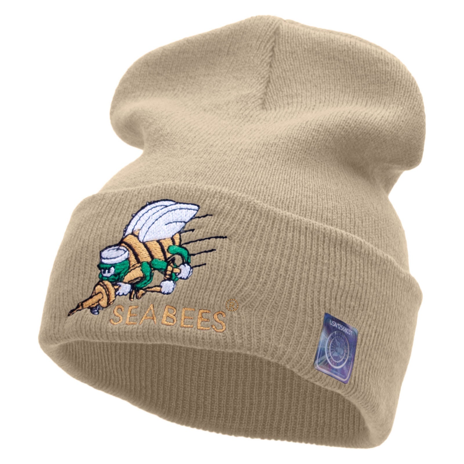 Licensed Navy Seabees Symbol Embroidered Cuff Long Beanie Made in USA - Khaki OSFM