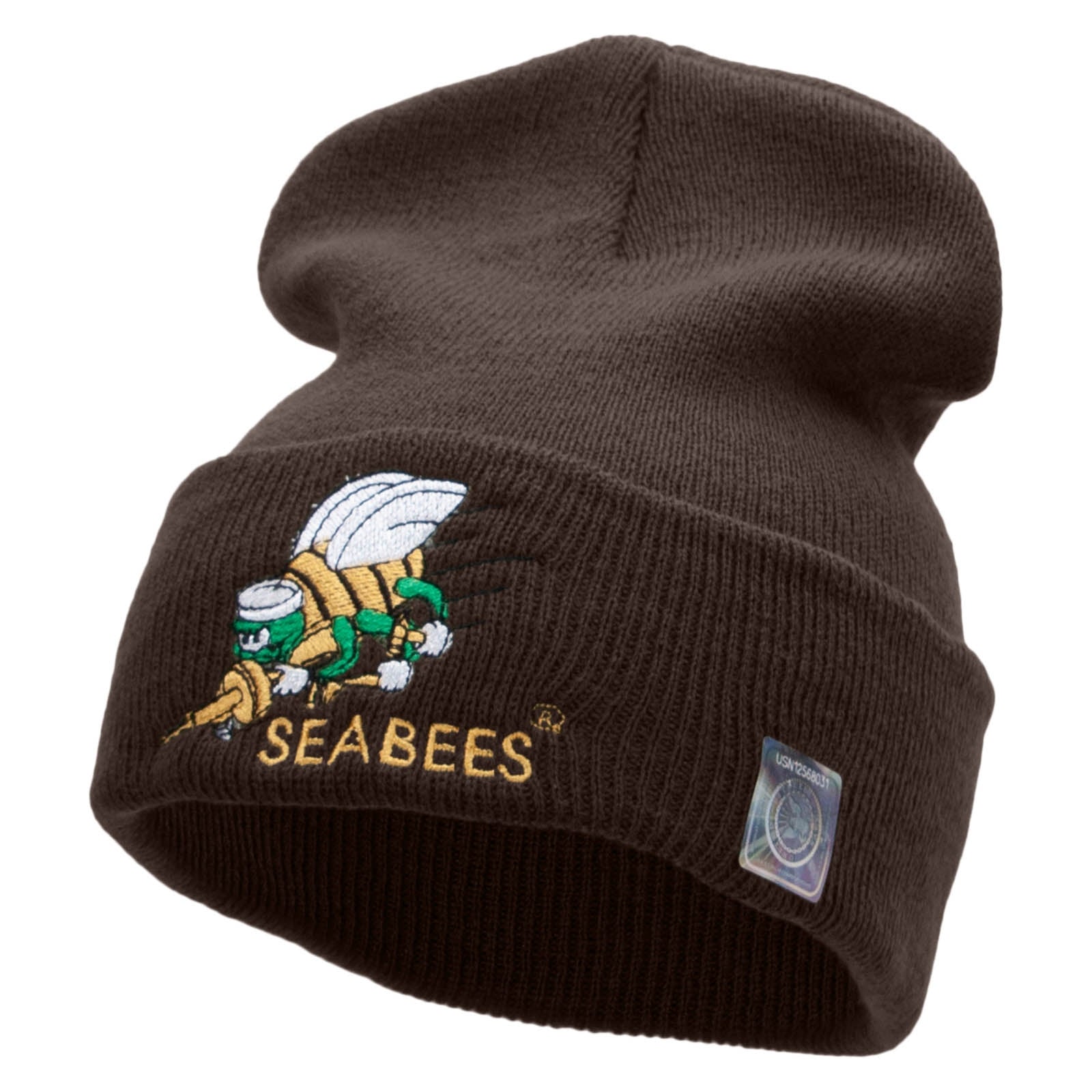 Licensed Navy Seabees Symbol Embroidered Cuff Long Beanie Made in USA - Brown OSFM