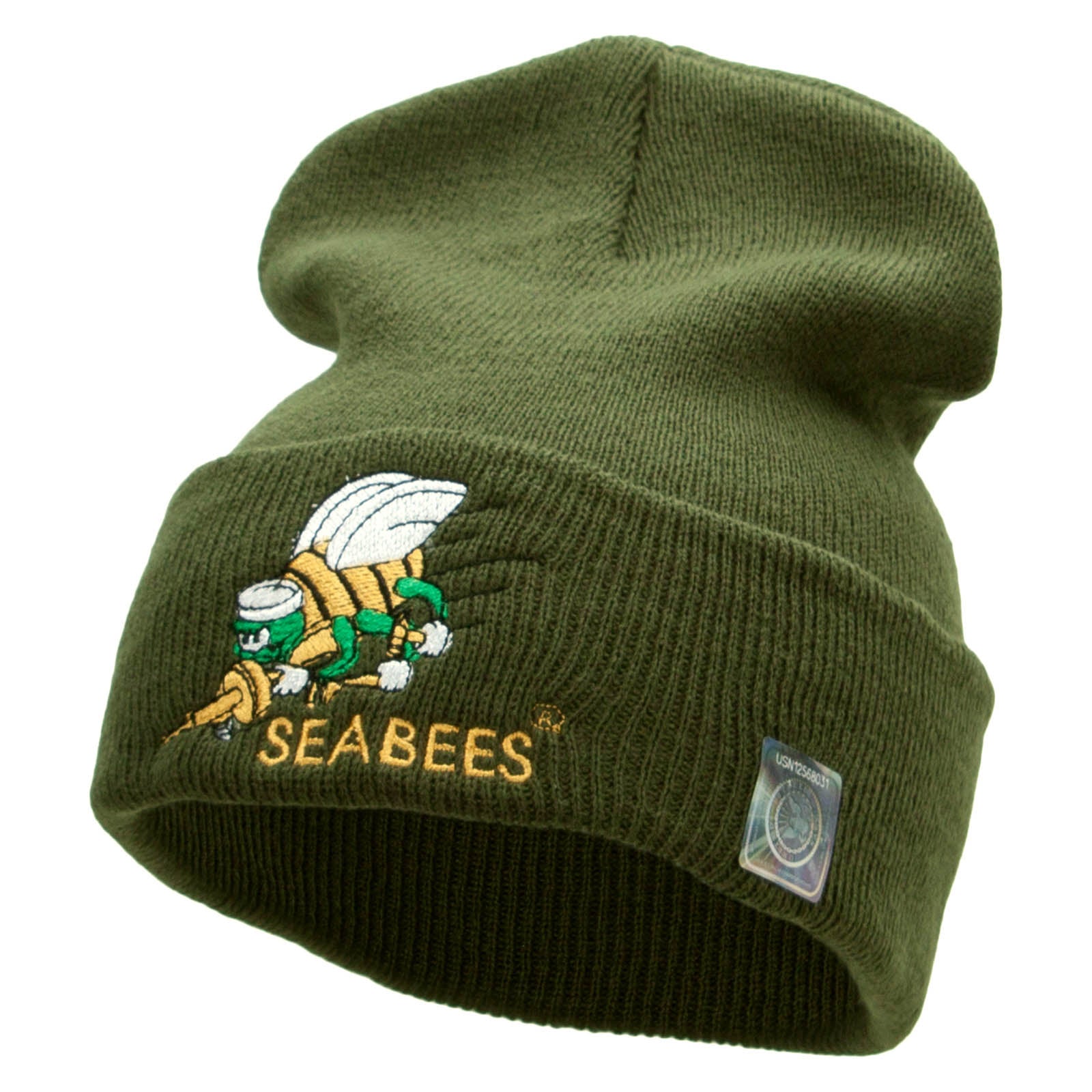 Licensed Navy Seabees Symbol Embroidered Cuff Long Beanie Made in USA - Olive OSFM
