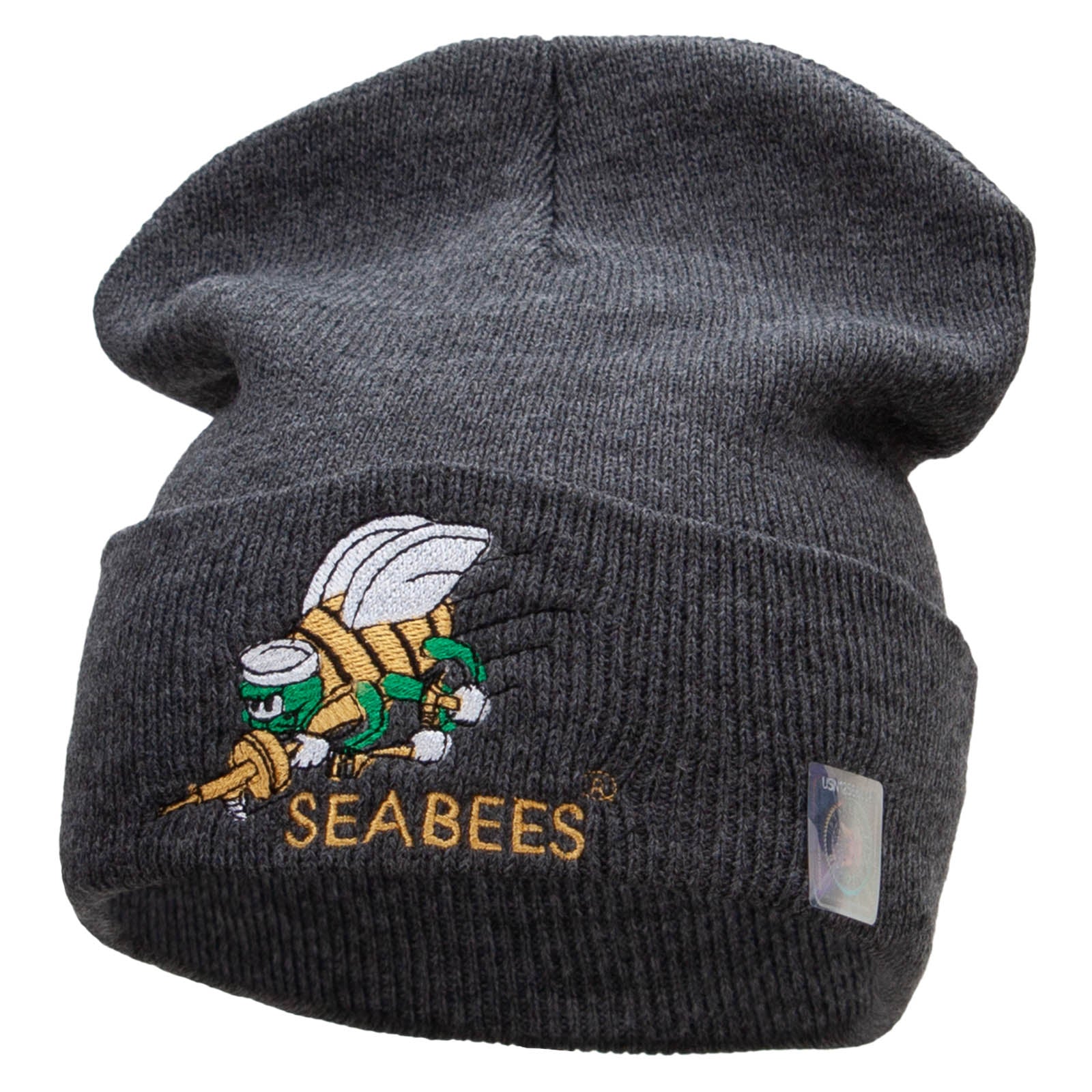 Licensed Navy Seabees Symbol Embroidered Cuff Long Beanie Made in USA - Dk Grey OSFM