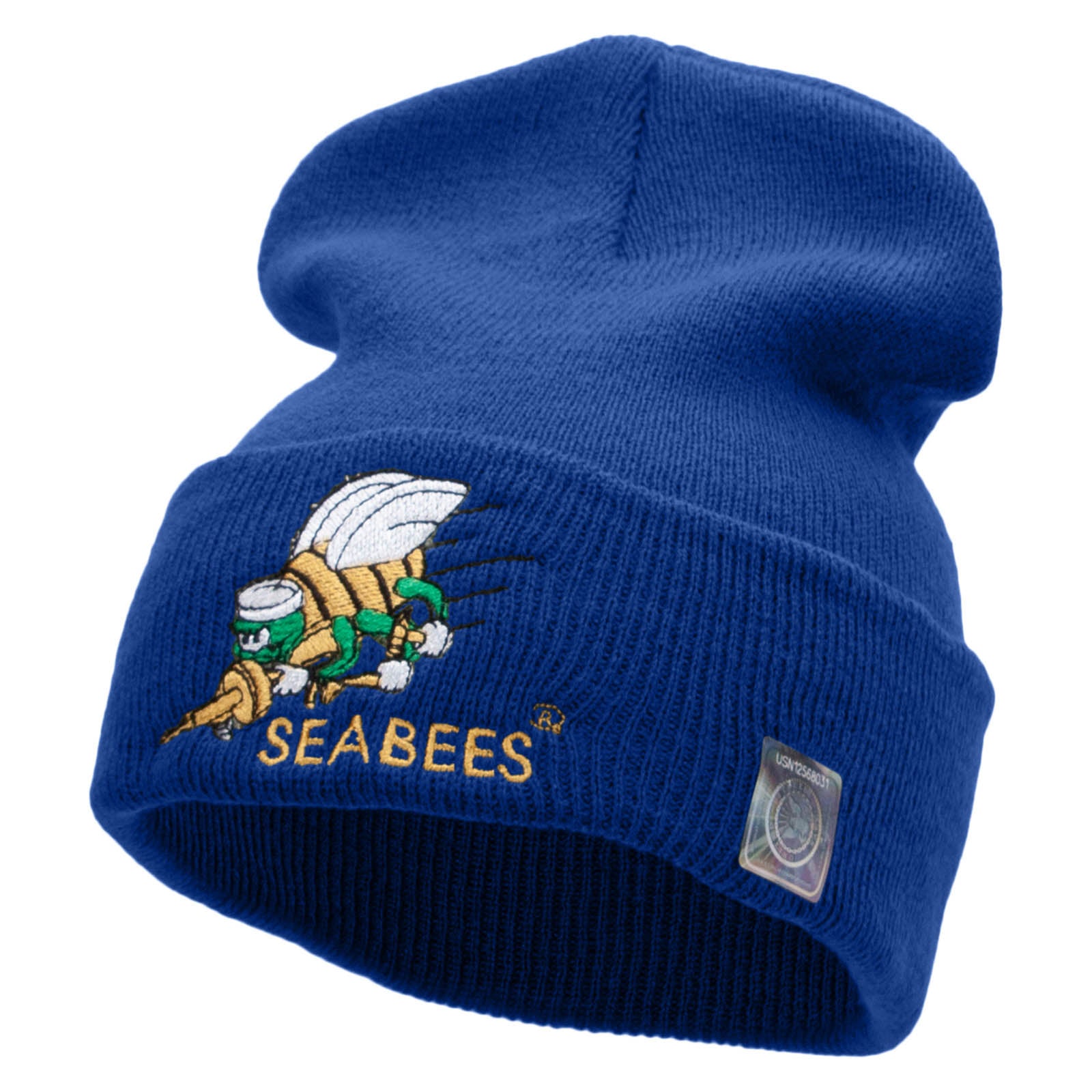 Licensed Navy Seabees Symbol Embroidered Cuff Long Beanie Made in USA - Royal OSFM