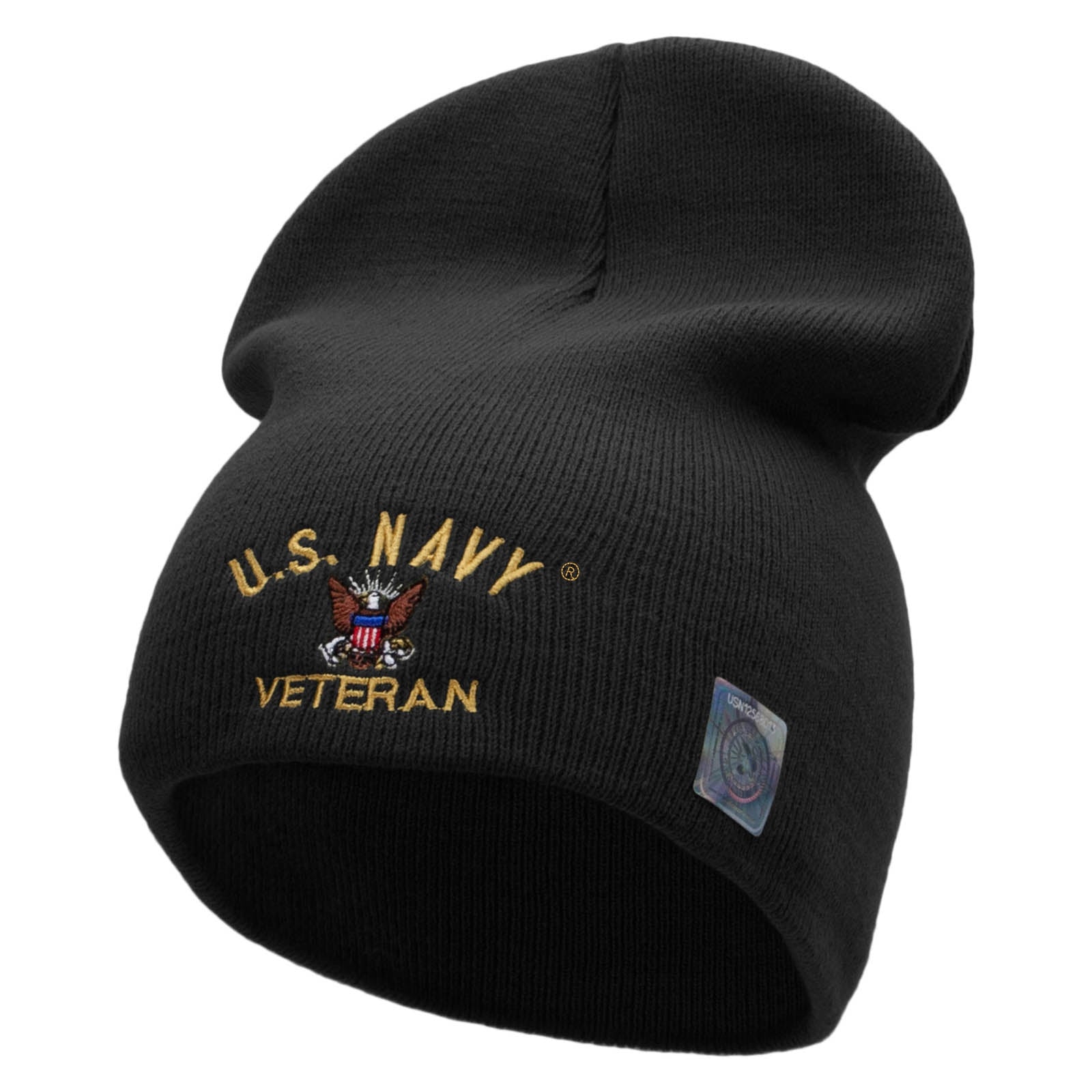 Licensed US Navy Veteran Military Embroidered Short Beanie Made in USA - Black OSFM