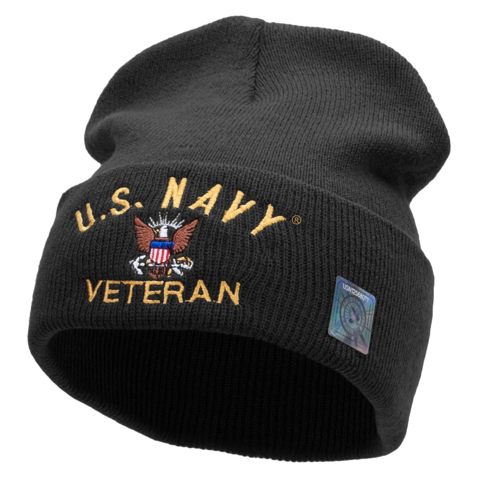 Licensed US Navy Veteran Logo Embroidered Long Beanie Made in USA - Black OSFM