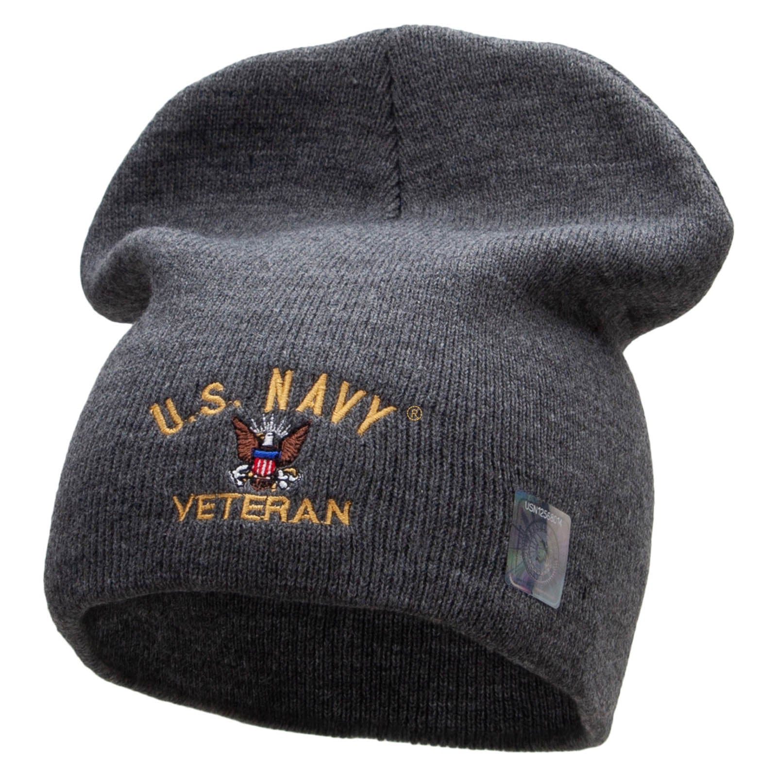 Licensed US Navy Veteran Military Embroidered Short Beanie Made in USA - Dk Grey OSFM