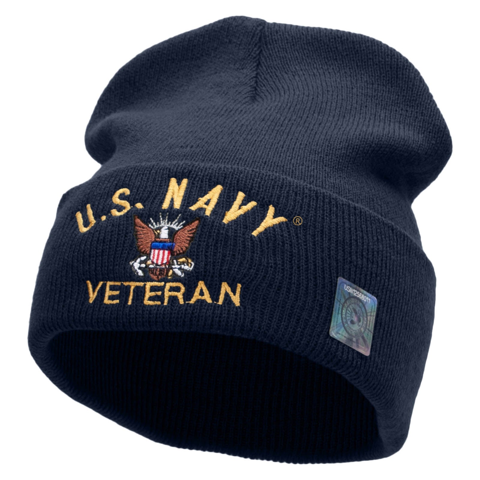Licensed US Navy Veteran Logo Embroidered Long Beanie Made in USA - Navy OSFM