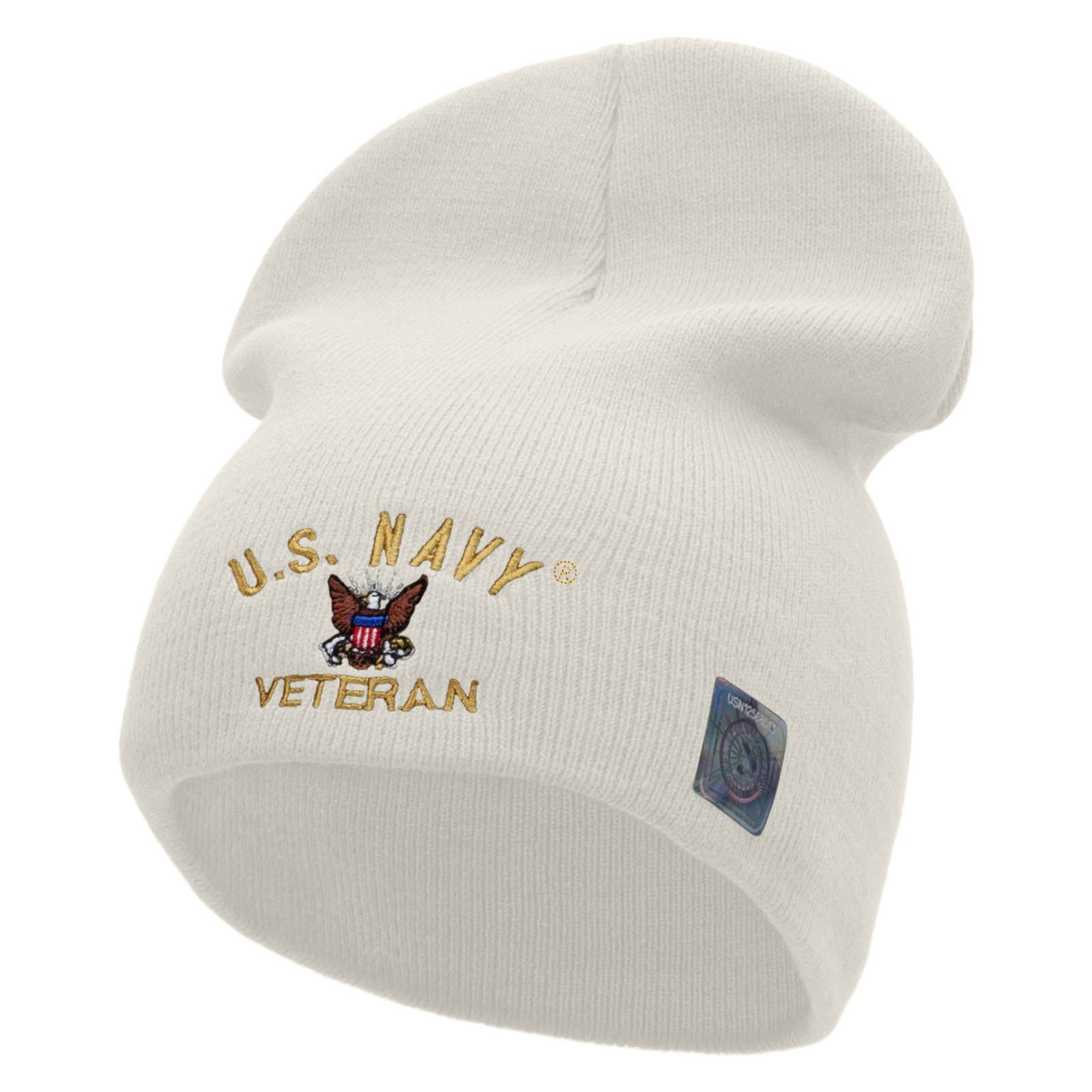 Licensed US Navy Veteran Military Embroidered Short Beanie Made in USA - White OSFM