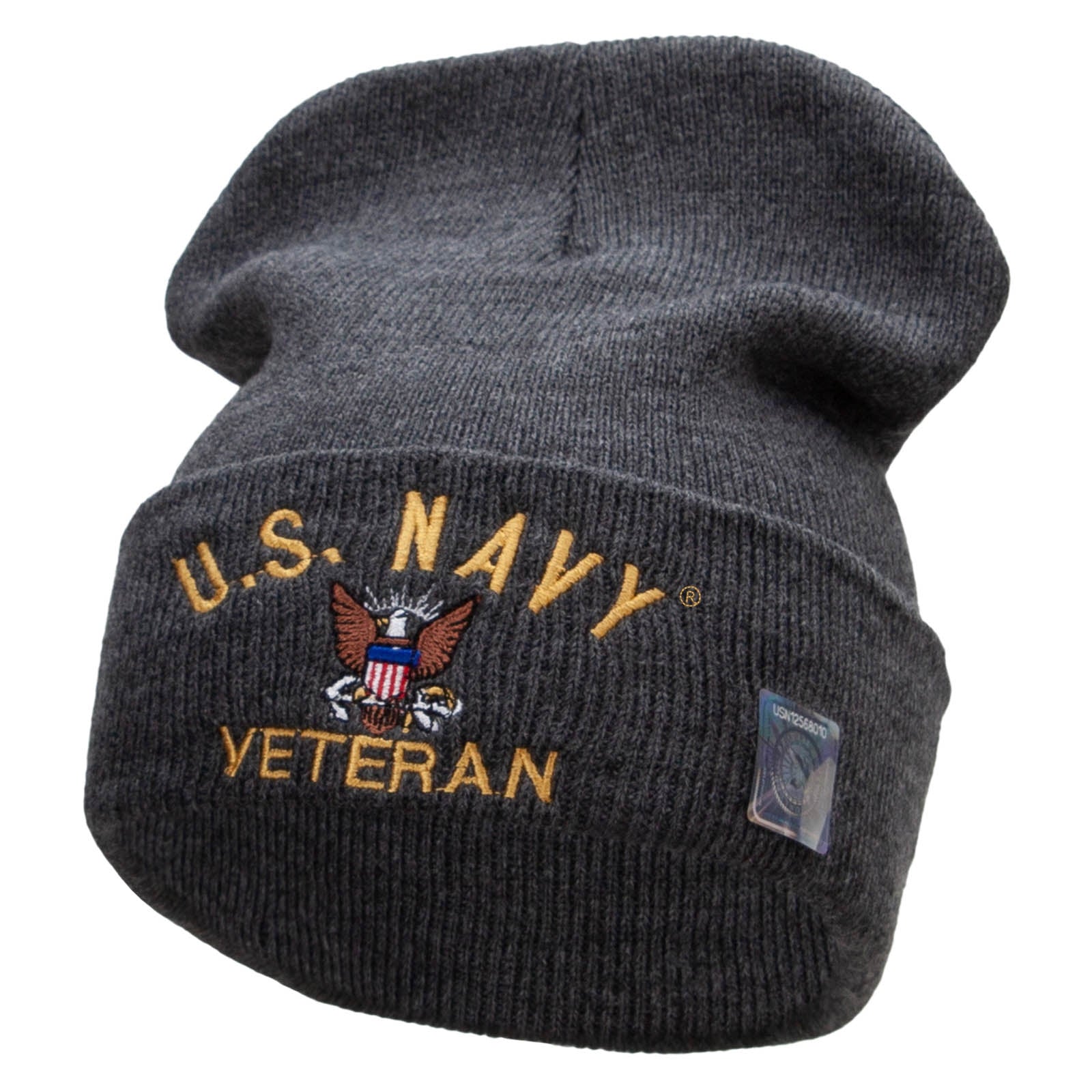 Licensed US Navy Veteran Military Embroidered Long Beanie Made in USA - Dk Grey OSFM