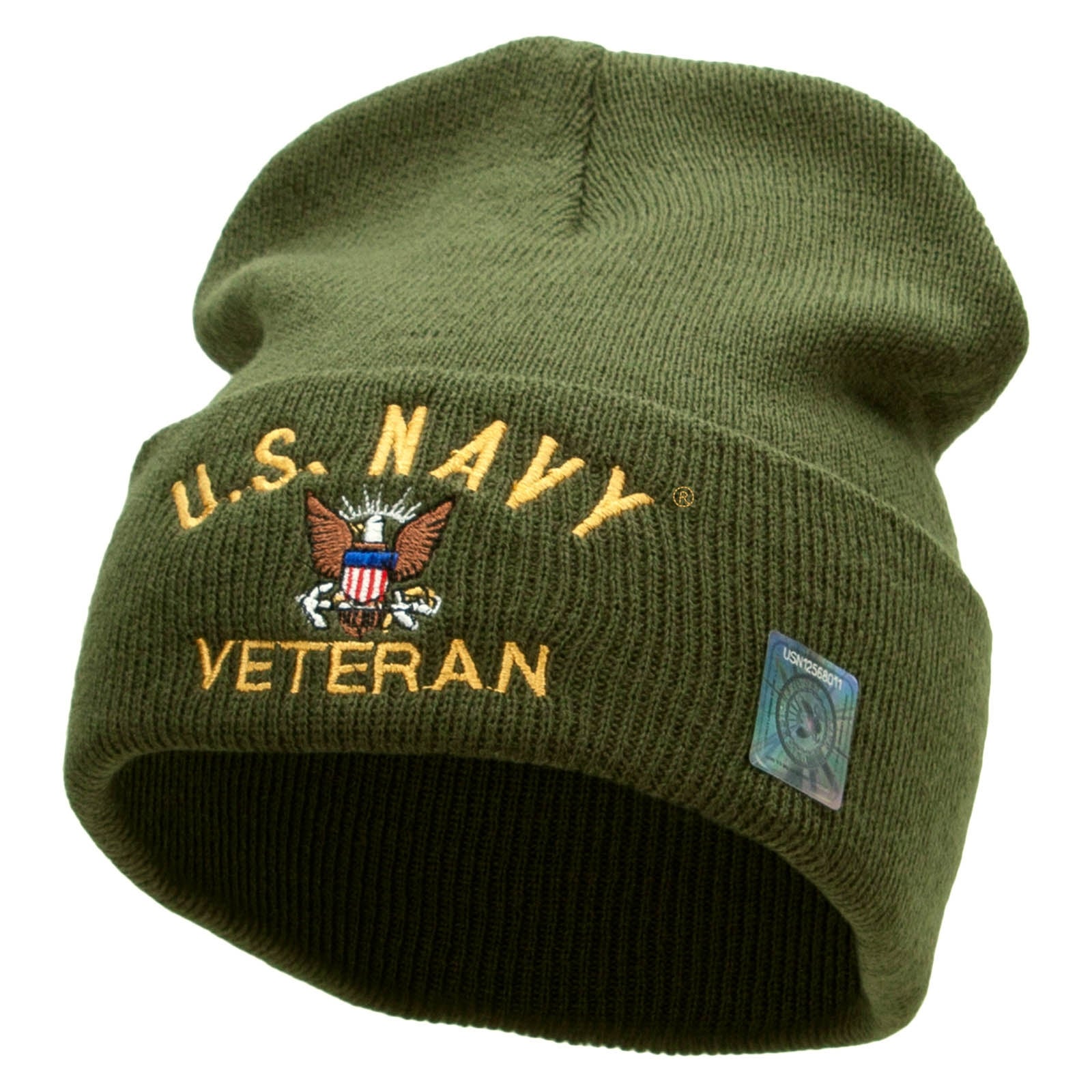 Licensed US Navy Veteran Military Embroidered Long Beanie Made in USA - Olive OSFM