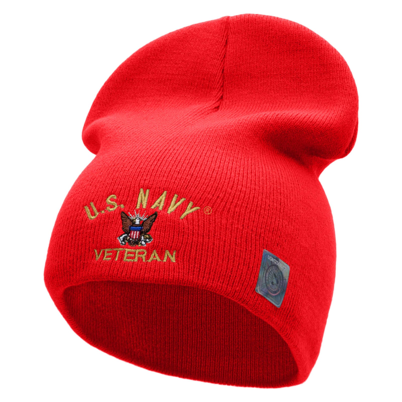 Licensed US Navy Veteran Military Embroidered Short Beanie Made in USA - Red OSFM