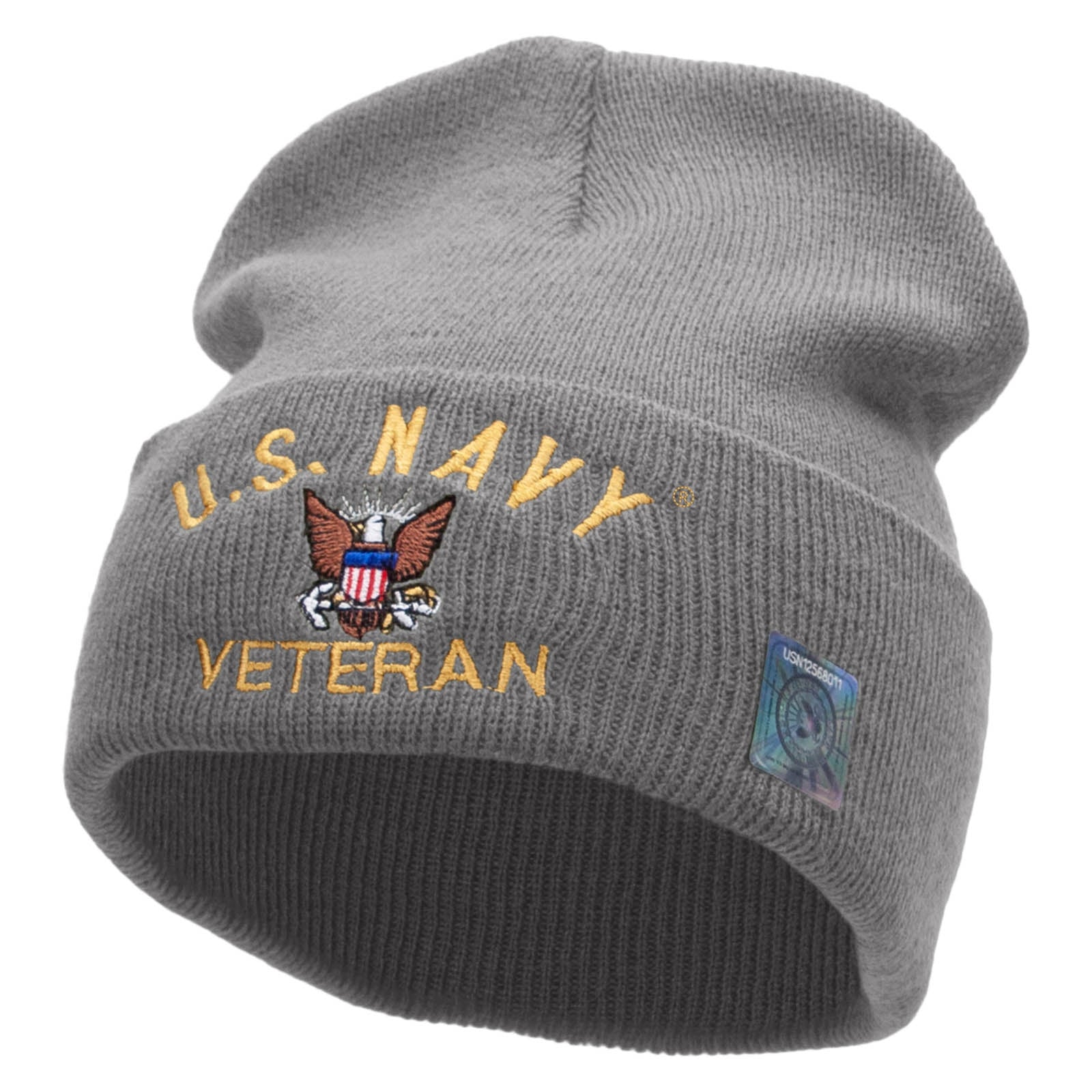 Licensed US Navy Veteran Military Embroidered Long Beanie Made in USA - Heather Grey OSFM