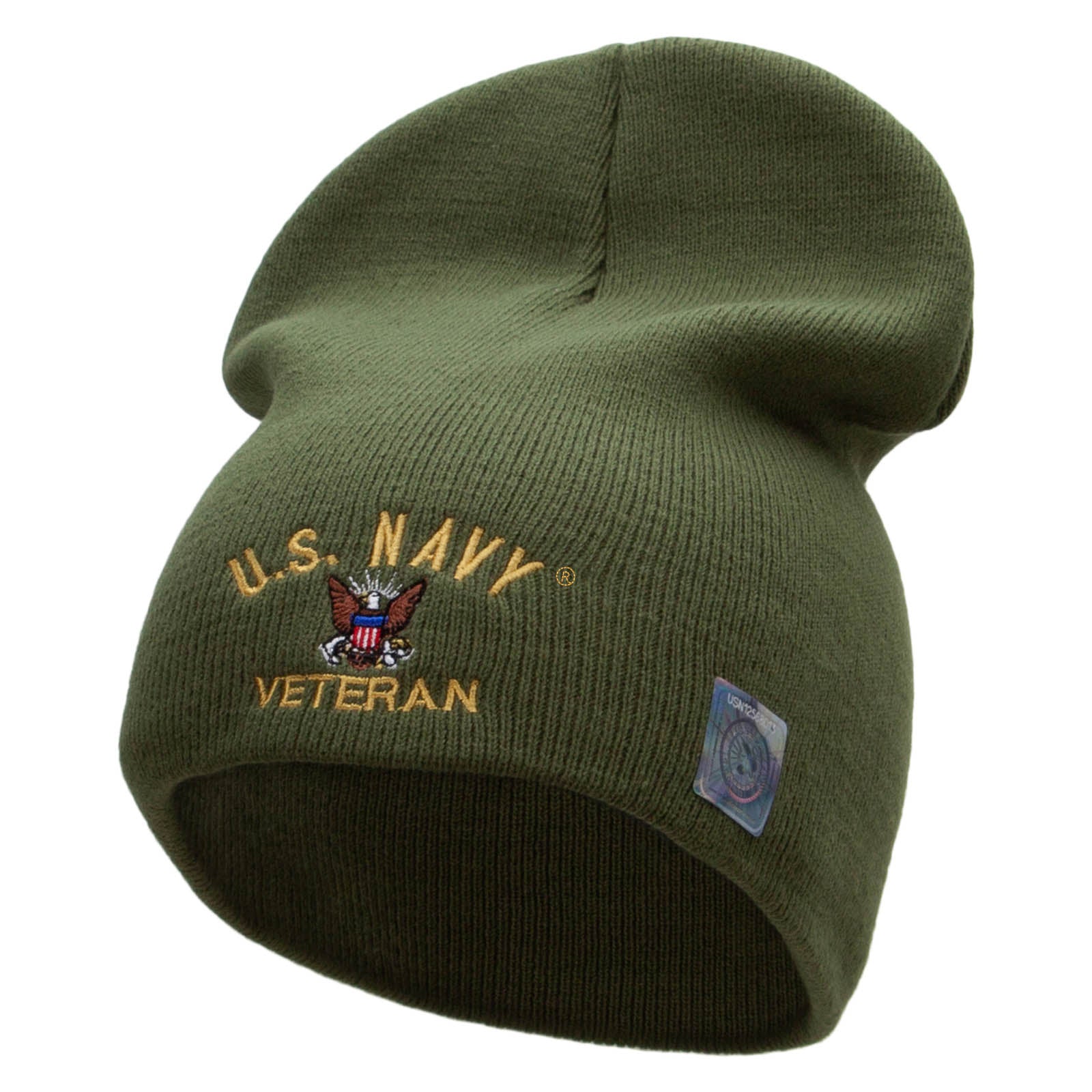 Licensed US Navy Veteran Military Embroidered Short Beanie Made in USA - Olive OSFM