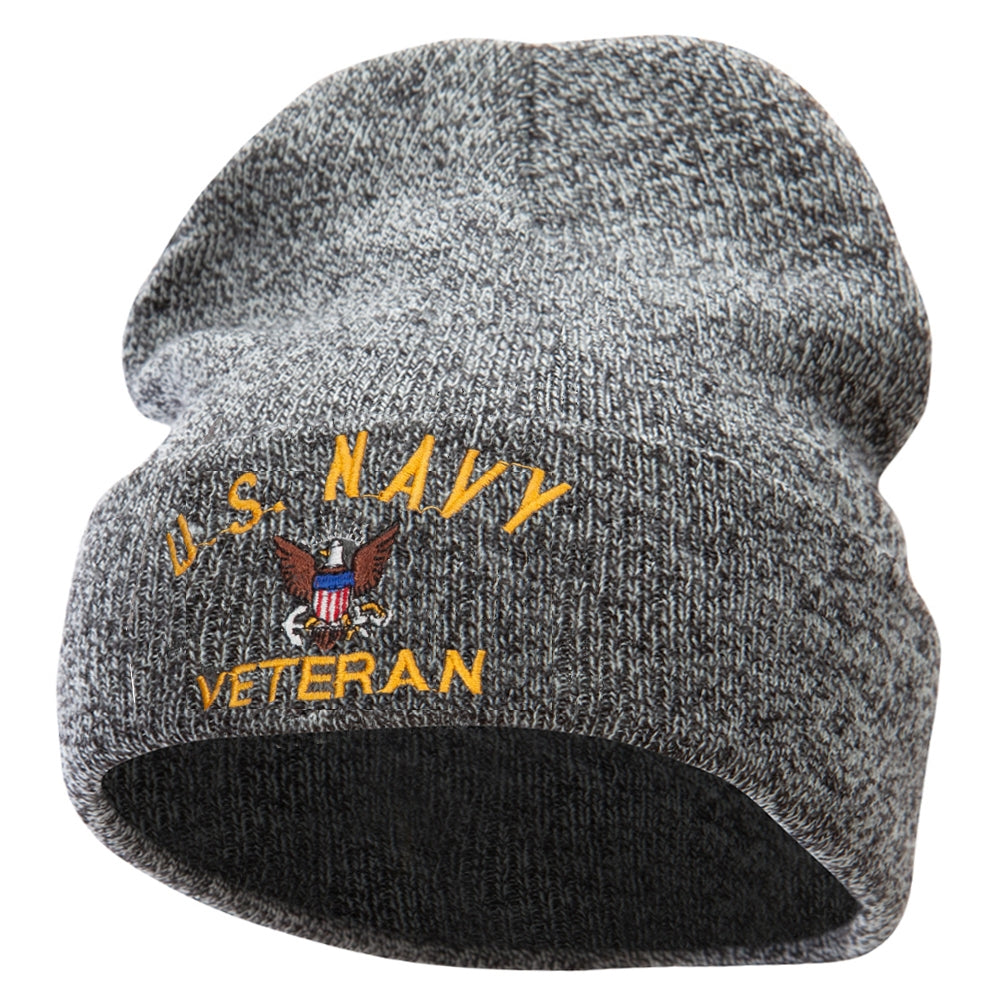 Licensed US Navy Veteran Military Embroidered Long Beanie Made in USA - Black Marled OSFM