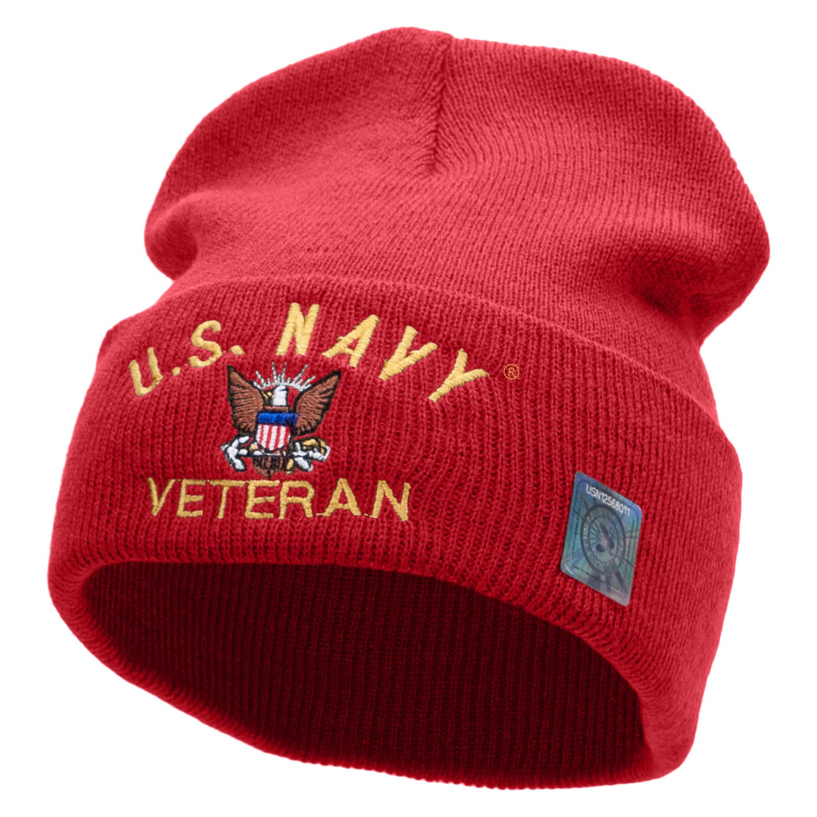 Licensed US Navy Veteran Military Embroidered Long Beanie Made in USA - Red OSFM