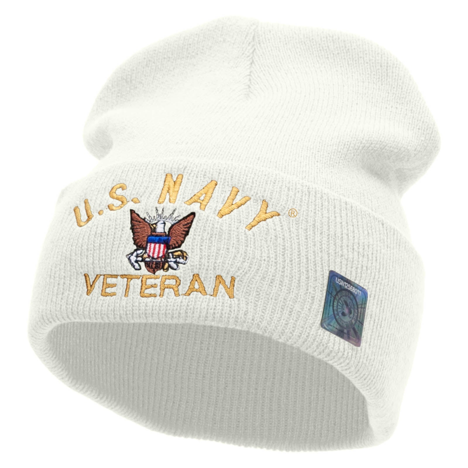 Licensed US Navy Veteran Logo Embroidered Long Beanie Made in USA - White OSFM