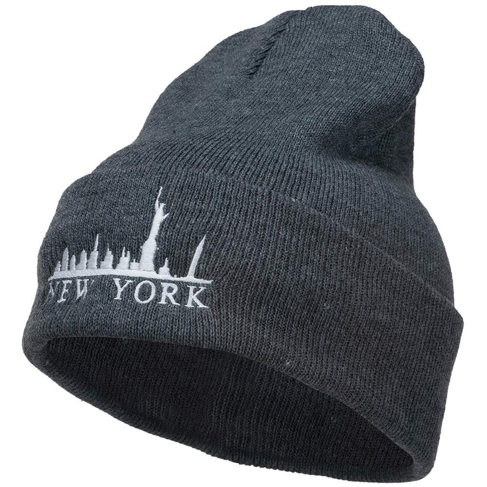 New York Skyline Embroidered Long Beanie - Dk Grey OSFM