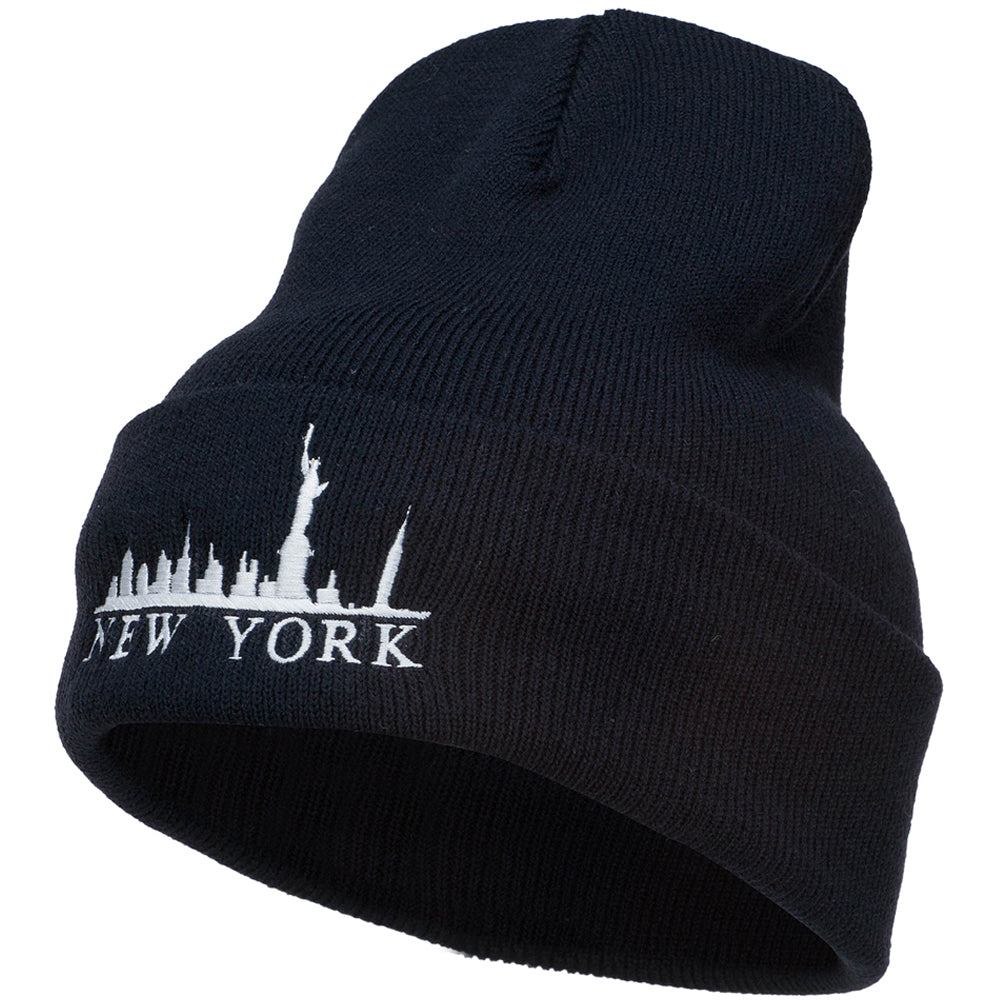 New York Skyline Embroidered Long Beanie - Navy OSFM