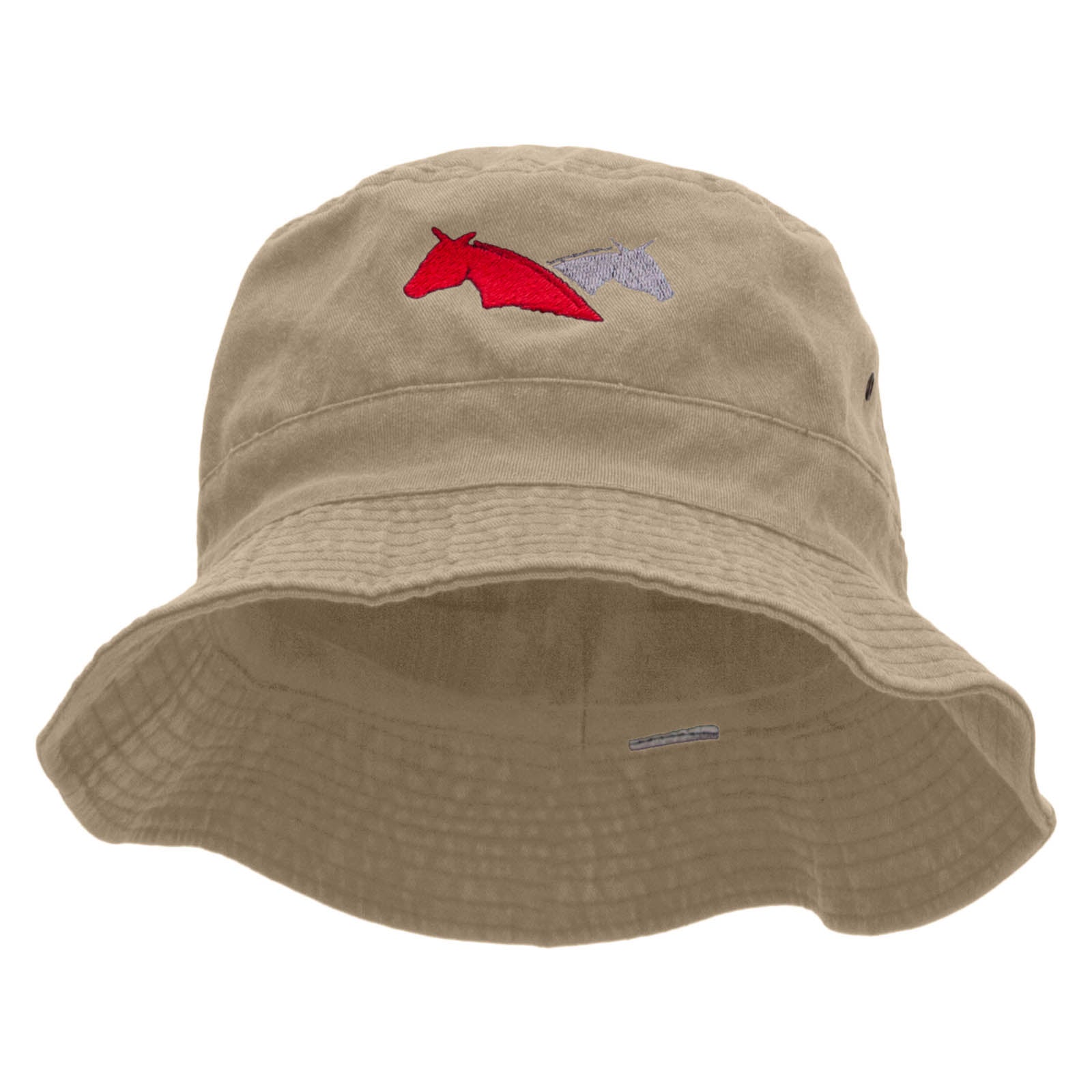 Dual Horse Embroidered Bucket Hat - Khaki OSFM