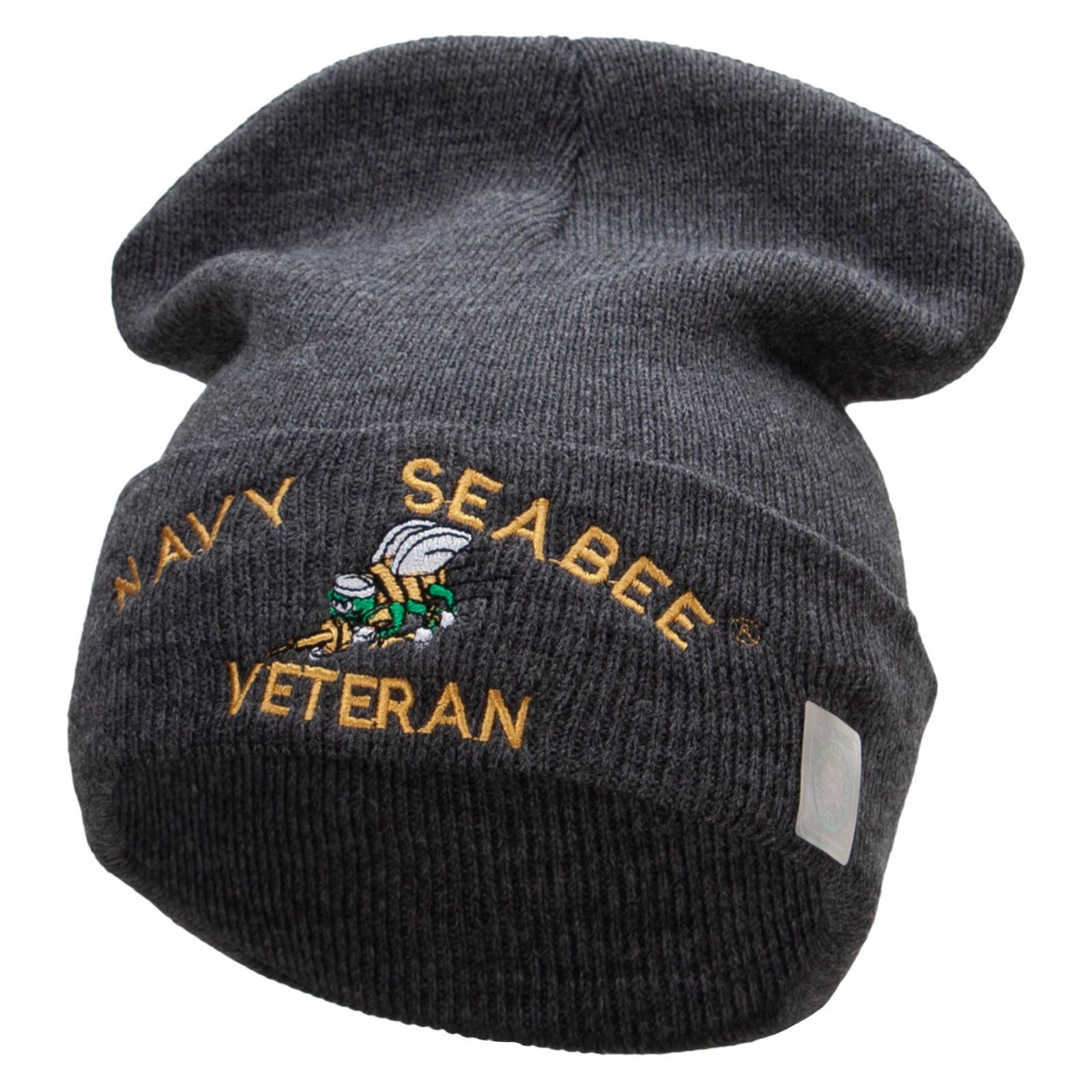 Licensed US Navy Seabee Veteran Military Embroidered Long Beanie Made in USA - Dk Grey OSFM