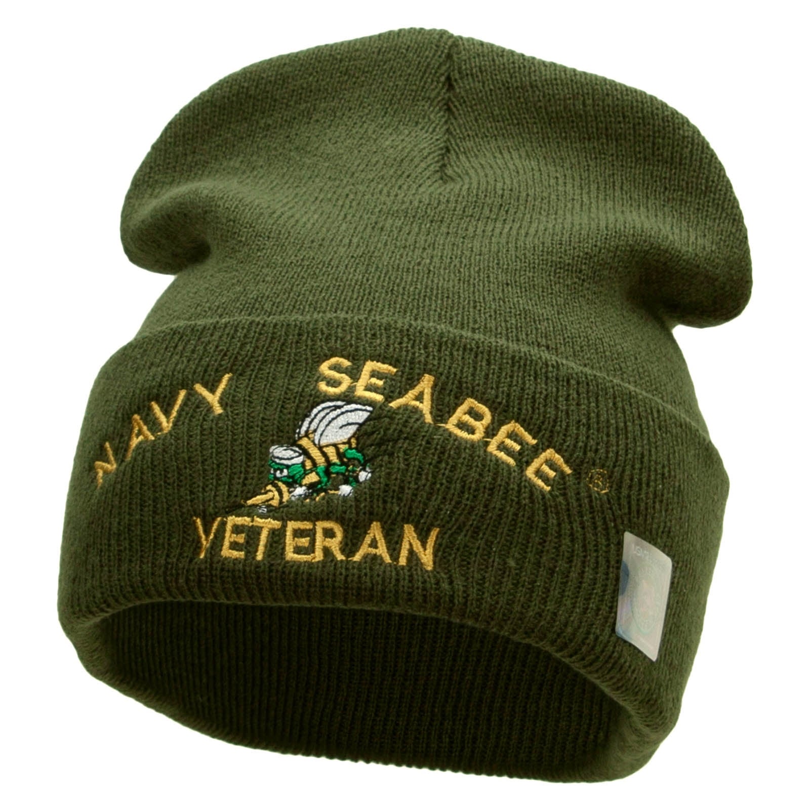 Licensed US Navy Seabee Veteran Military Embroidered Long Beanie Made in USA - Olive OSFM