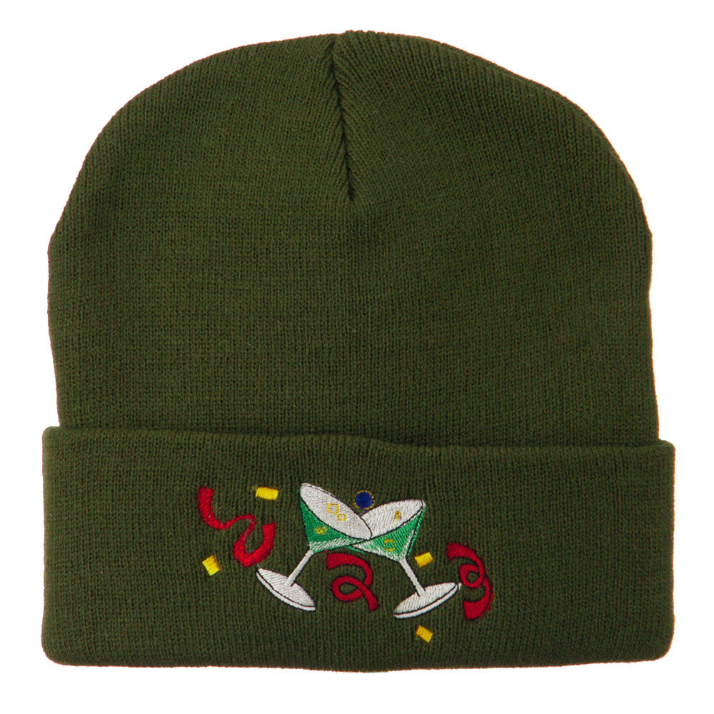 Glasses New Years Embroidered Beanie - Olive OSFM