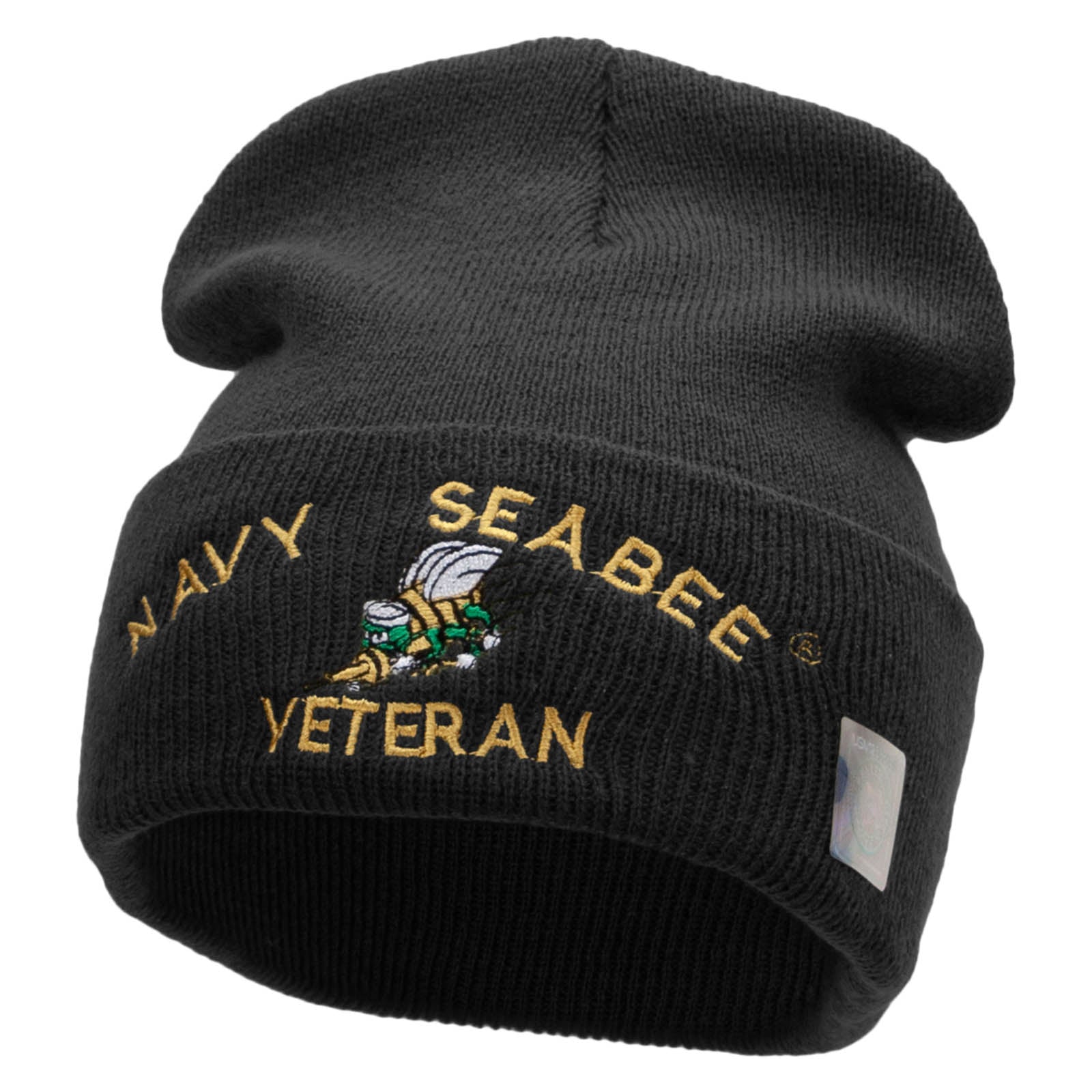 Licensed US Navy Seabee Veteran Military Embroidered Long Beanie Made in USA - Black OSFM