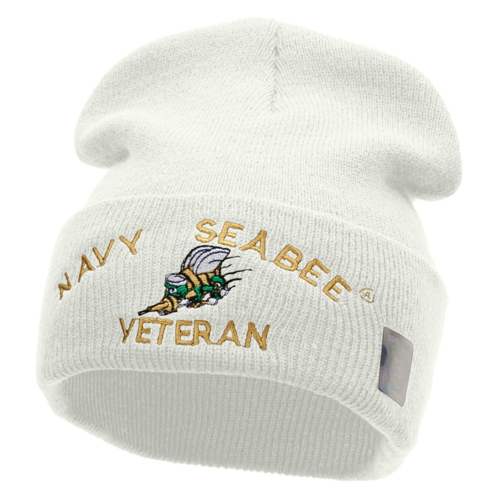 Licensed Navy Seabee Veteran Logo Embroidered Long Beanie Made in USA - White OSFM