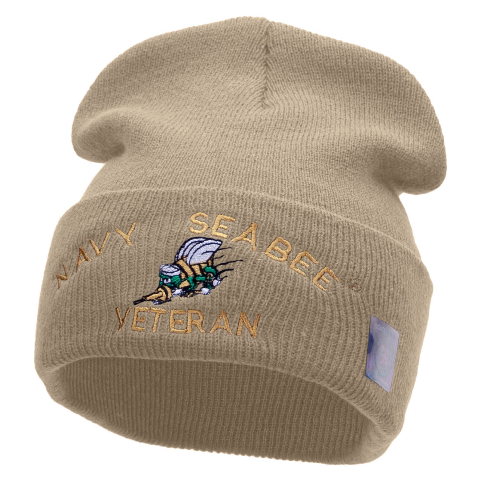 Licensed US Navy Seabee Veteran Military Embroidered Long Beanie Made in USA - Khaki OSFM