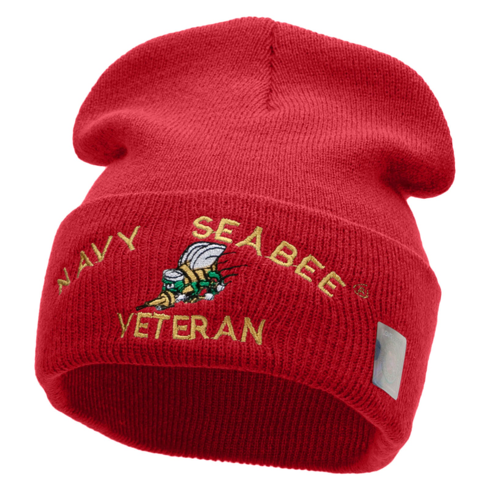 Licensed US Navy Seabee Veteran Military Embroidered Long Beanie Made in USA - Red OSFM