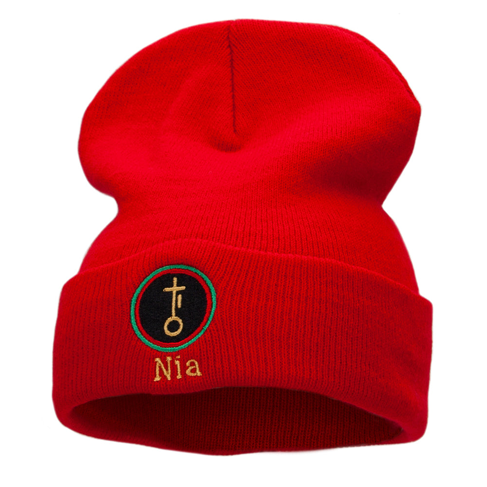 Nia is Purpose Embroidered Knitted Long Beanie - Red OSFM