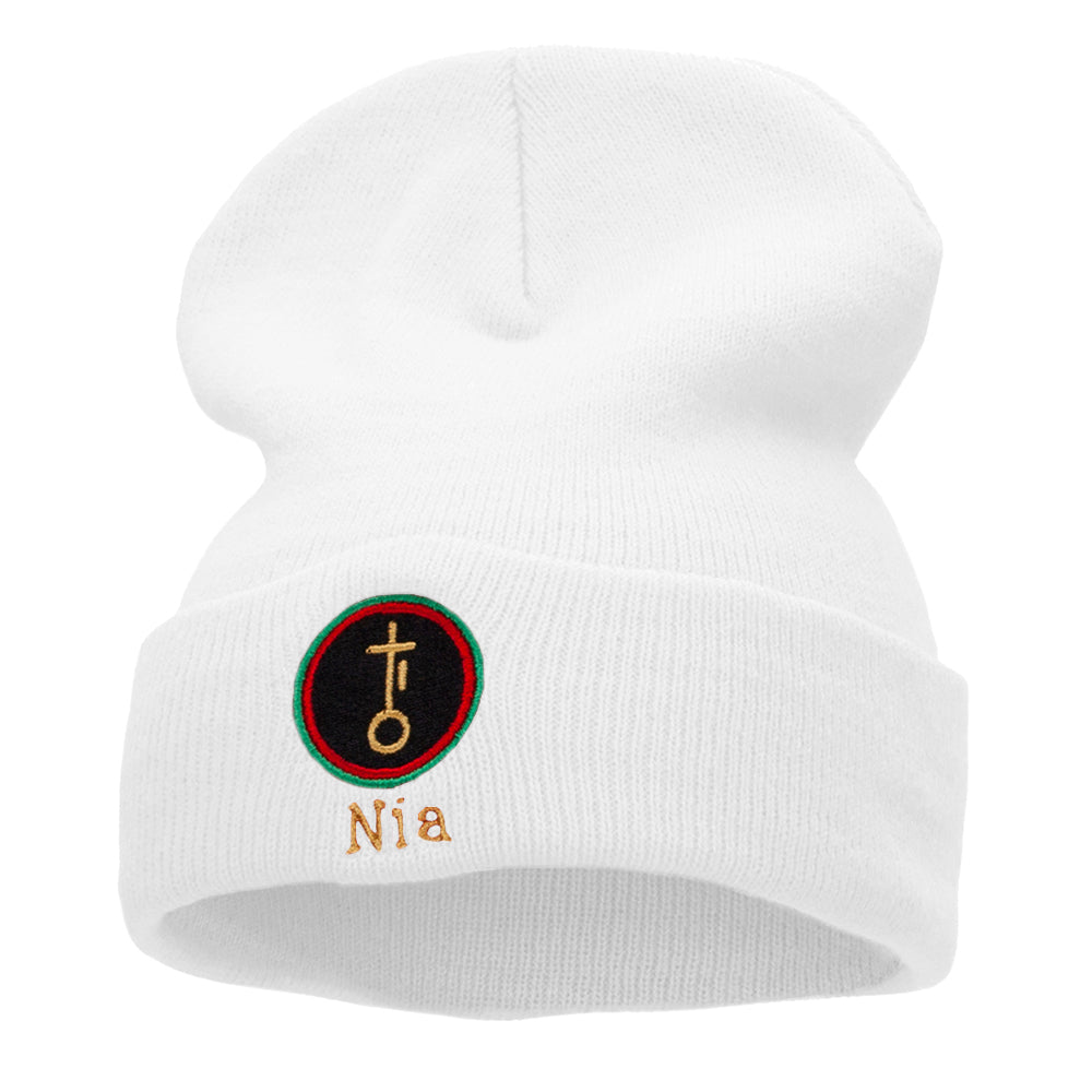 Nia is Purpose Embroidered Knitted Long Beanie - White OSFM