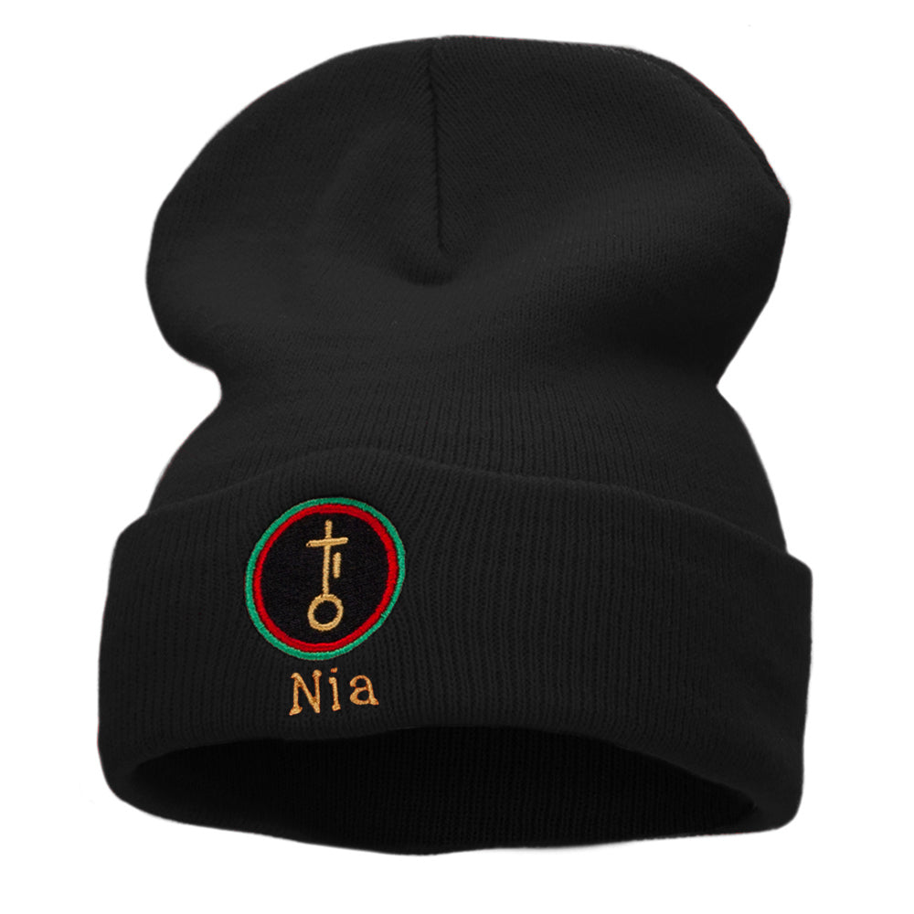 Nia is Purpose Embroidered Knitted Long Beanie - Black OSFM