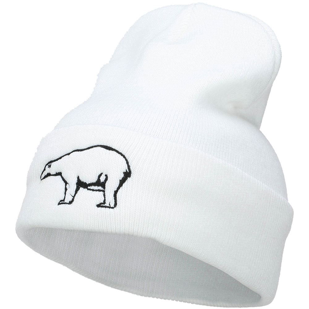 Polar Bear Outline Embroidered Long Beanie - White OSFM