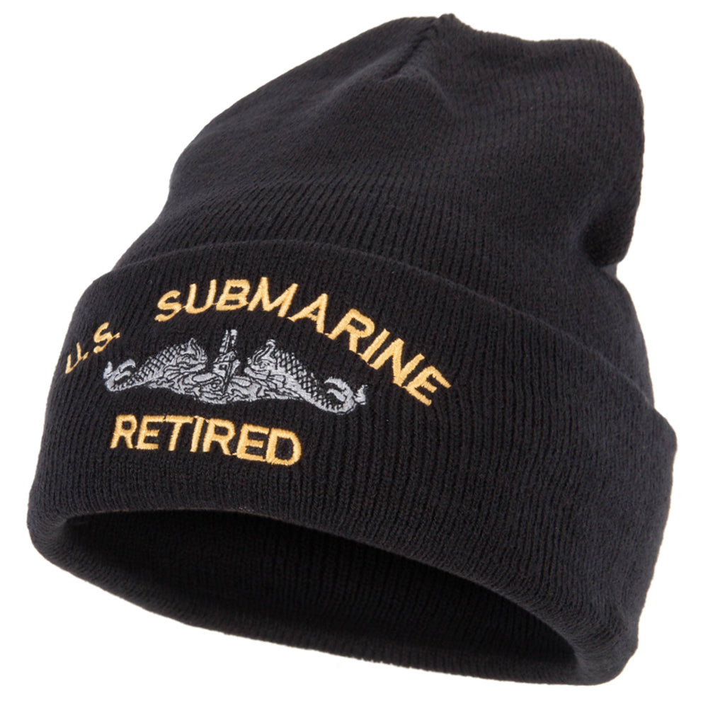 US Submarine Retired Military Embroidered Long Beanie - Black OSFM