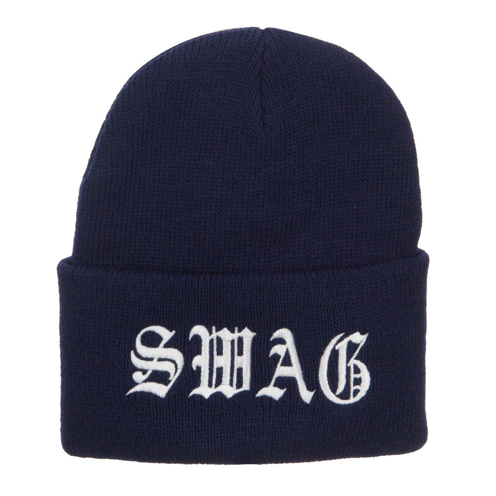 Old English Swag Embroidered Long Beanie - Navy OSFM