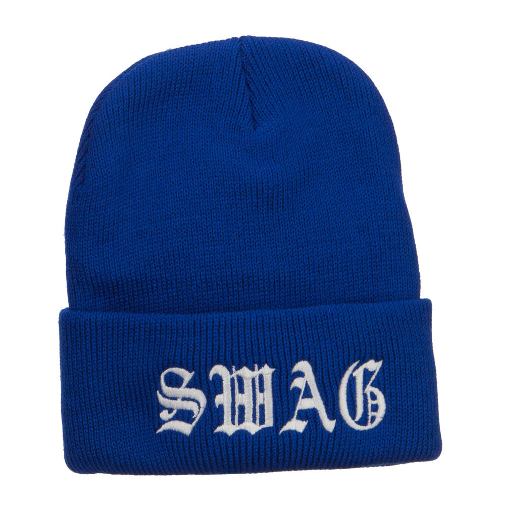 Old English Swag Embroidered Long Beanie - Royal OSFM