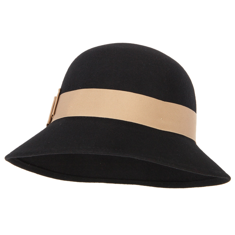 Women&#039;s Wool Felt Wide Grosgrain Ribbon Band Accented Cloche Bucket Hat - Black OSFM