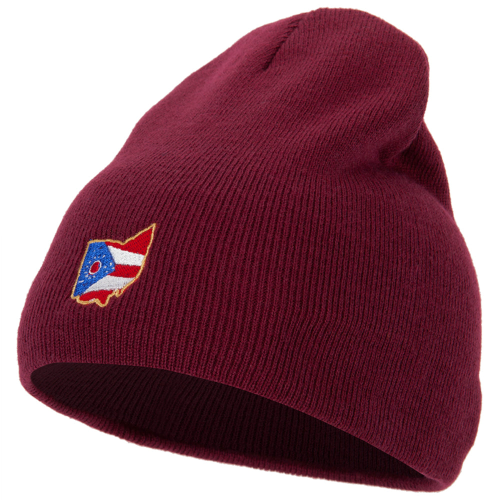Ohio Map State Flag Embroidered 8 Inch Knitted Short Beanie - Maroon OSFM