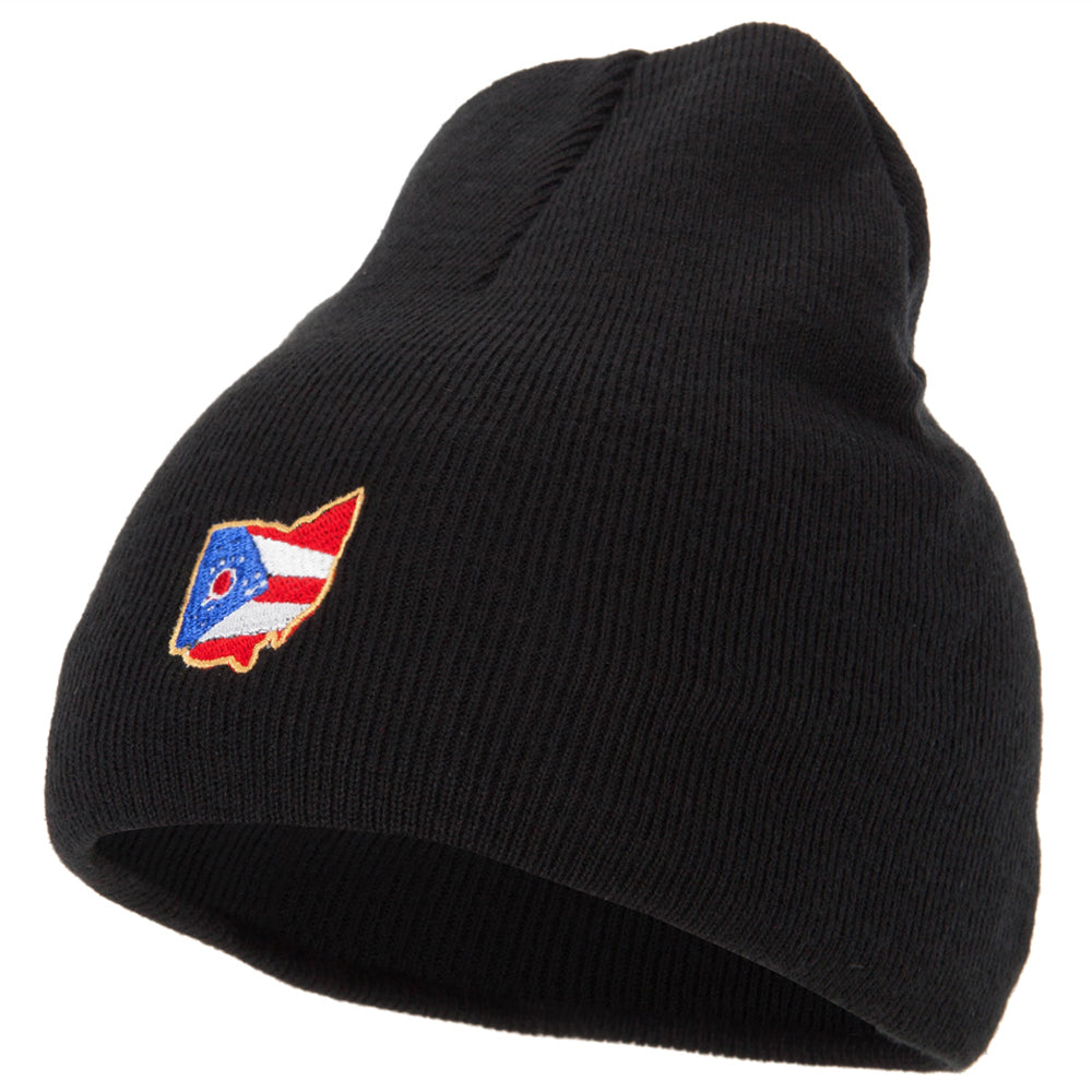 Ohio Map State Flag Embroidered 8 Inch Knitted Short Beanie - Black OSFM