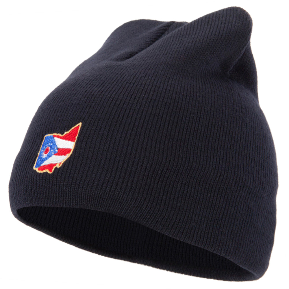 Ohio Map State Flag Embroidered 8 Inch Knitted Short Beanie - Navy OSFM