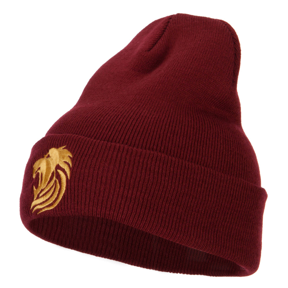 Gold Lion Embroidered Long Cuffed Beanie - Maroon OSFM