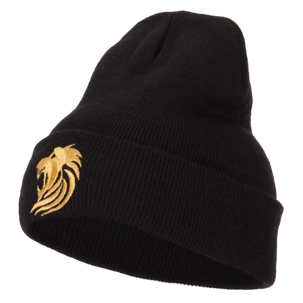 Gold Lion Embroidered Long Cuffed Beanie - Black OSFM