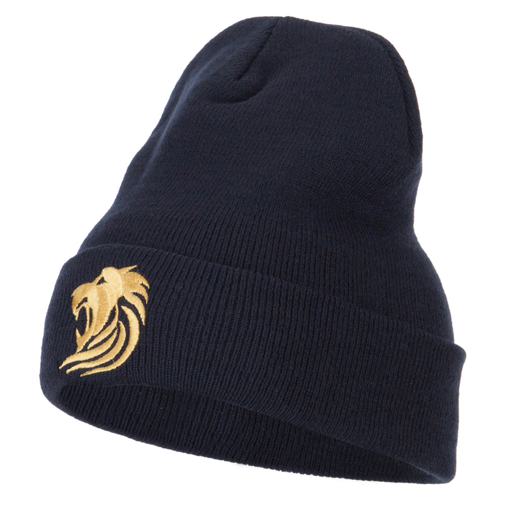 Gold Lion Embroidered Long Cuffed Beanie - Navy OSFM