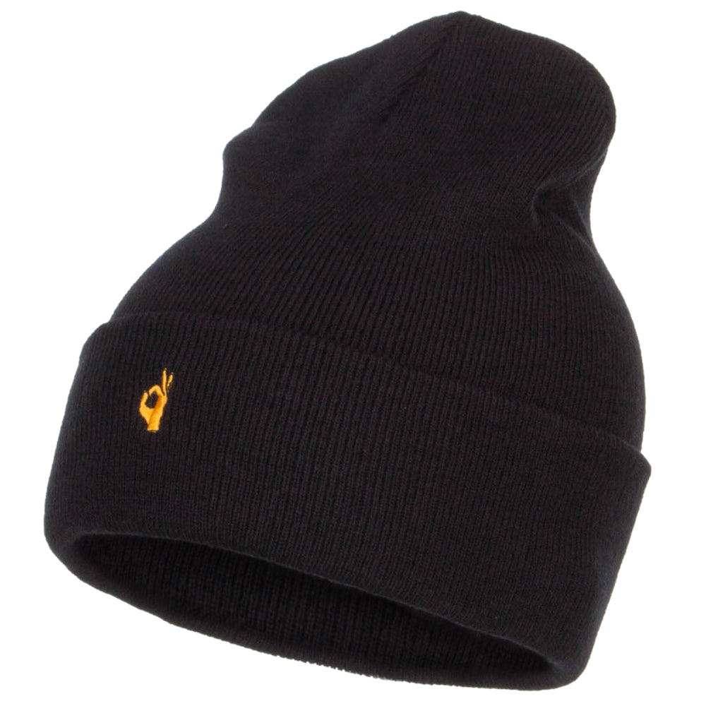 Mini Ok Sign Embriodered Long Beanie - Black OSFM