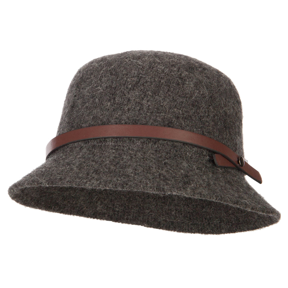 Women&#039;s Wool Leatherette Band Accented Cloche Bucket Hat - Dk Grey OSFM